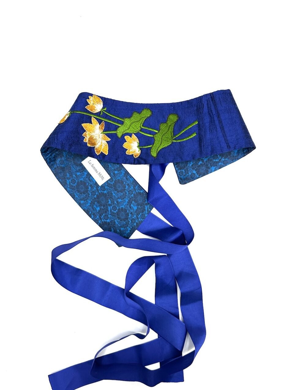 Blue silk Obi belt embroidered