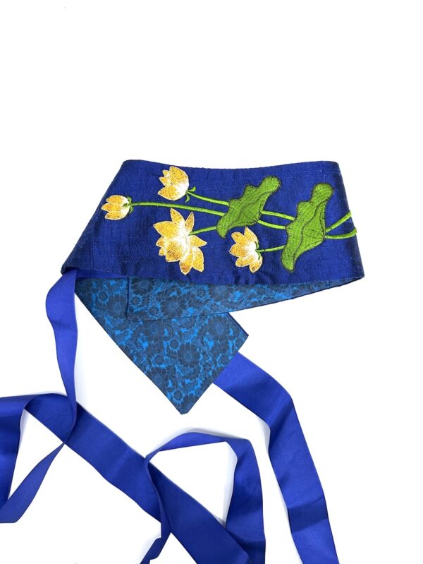 Blue silk Obi belt embroidered - Image 4